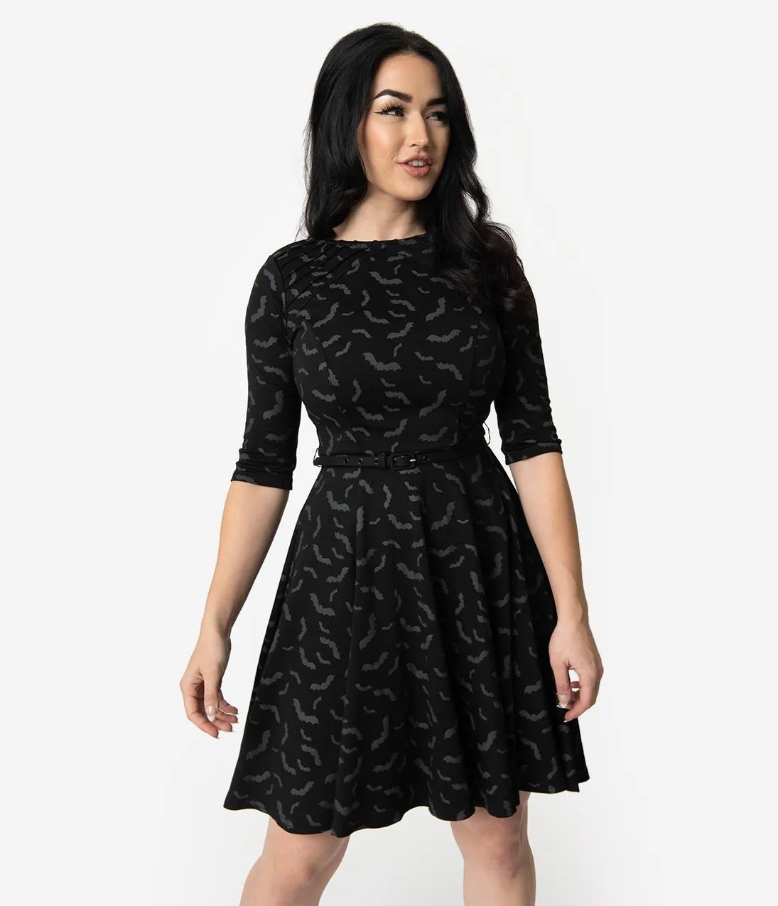 Unique Vintage Black & Grey Bats Print Stephanie Fit & Flare Dress