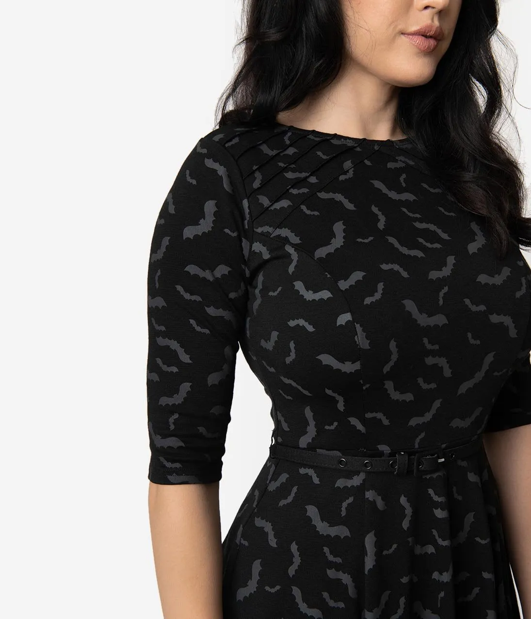 Unique Vintage Black & Grey Bats Print Stephanie Fit & Flare Dress