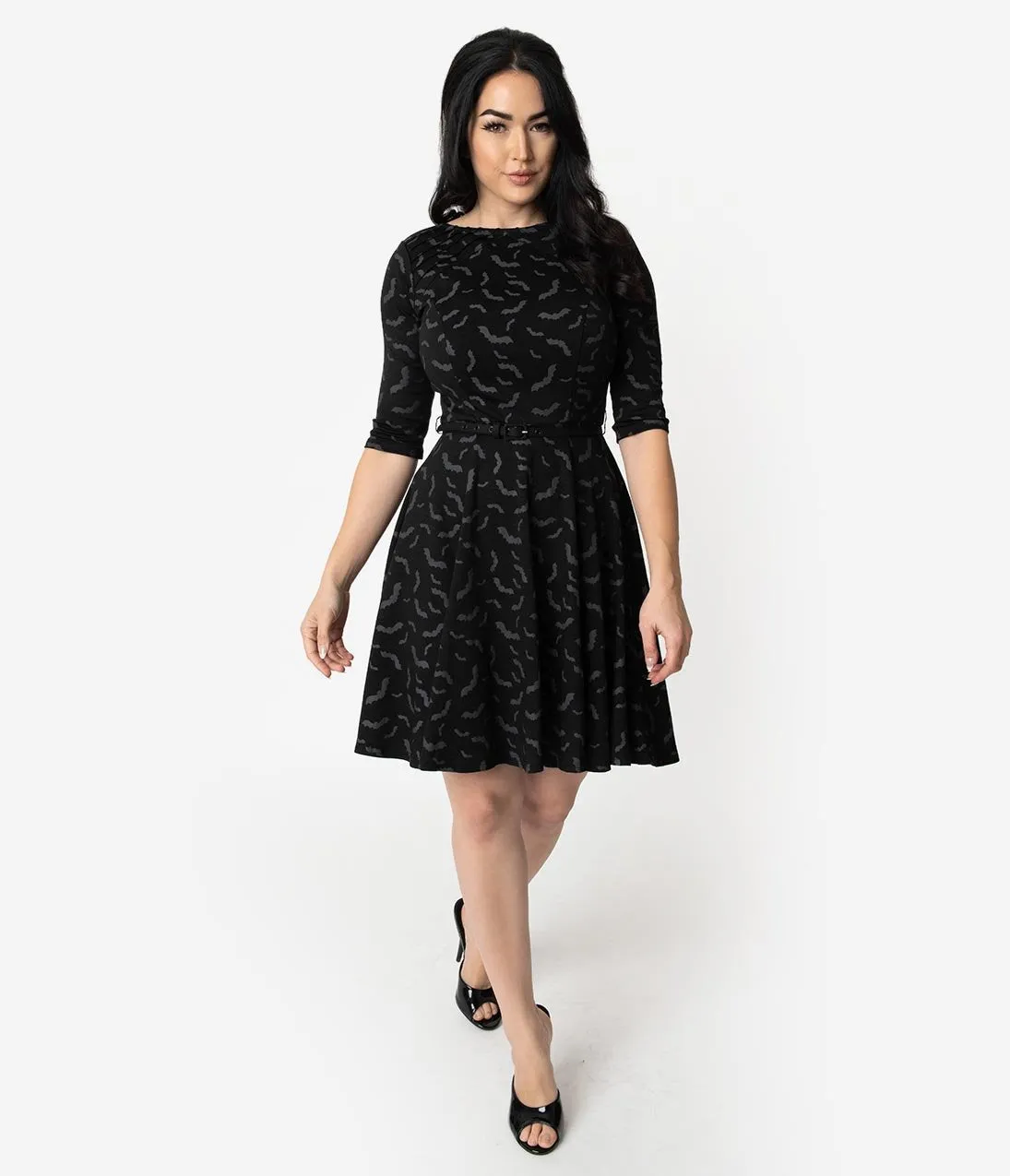 Unique Vintage Black & Grey Bats Print Stephanie Fit & Flare Dress