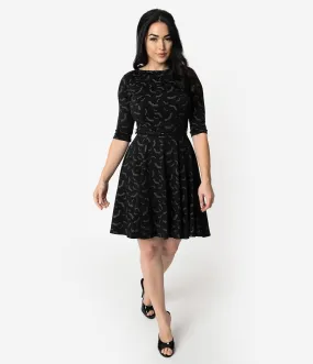 Unique Vintage Black & Grey Bats Print Stephanie Fit & Flare Dress
