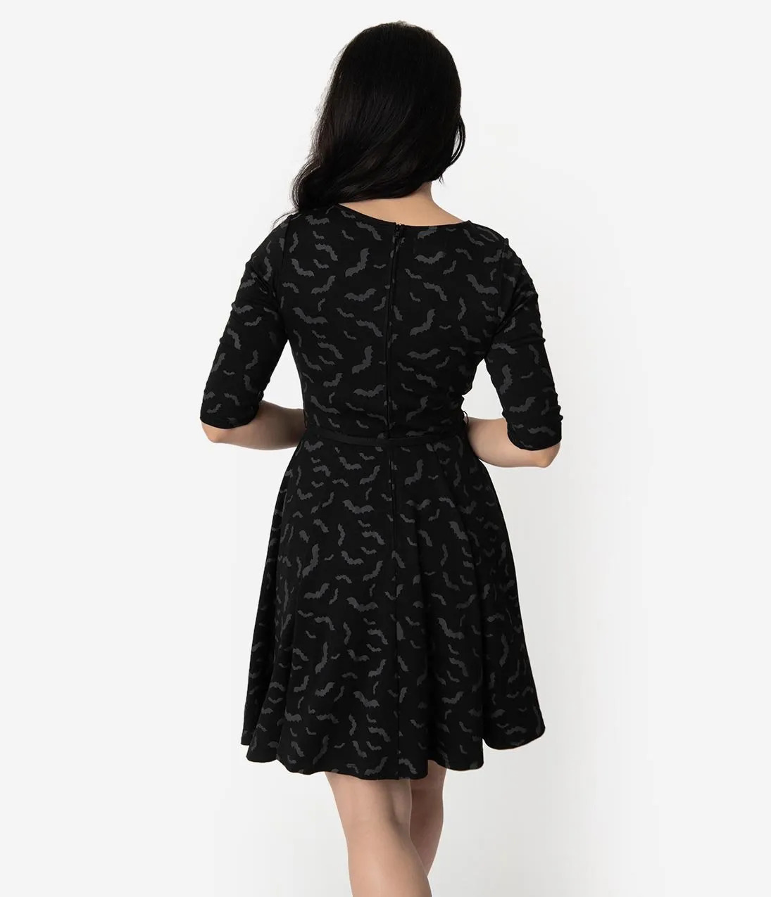 Unique Vintage Black & Grey Bats Print Stephanie Fit & Flare Dress
