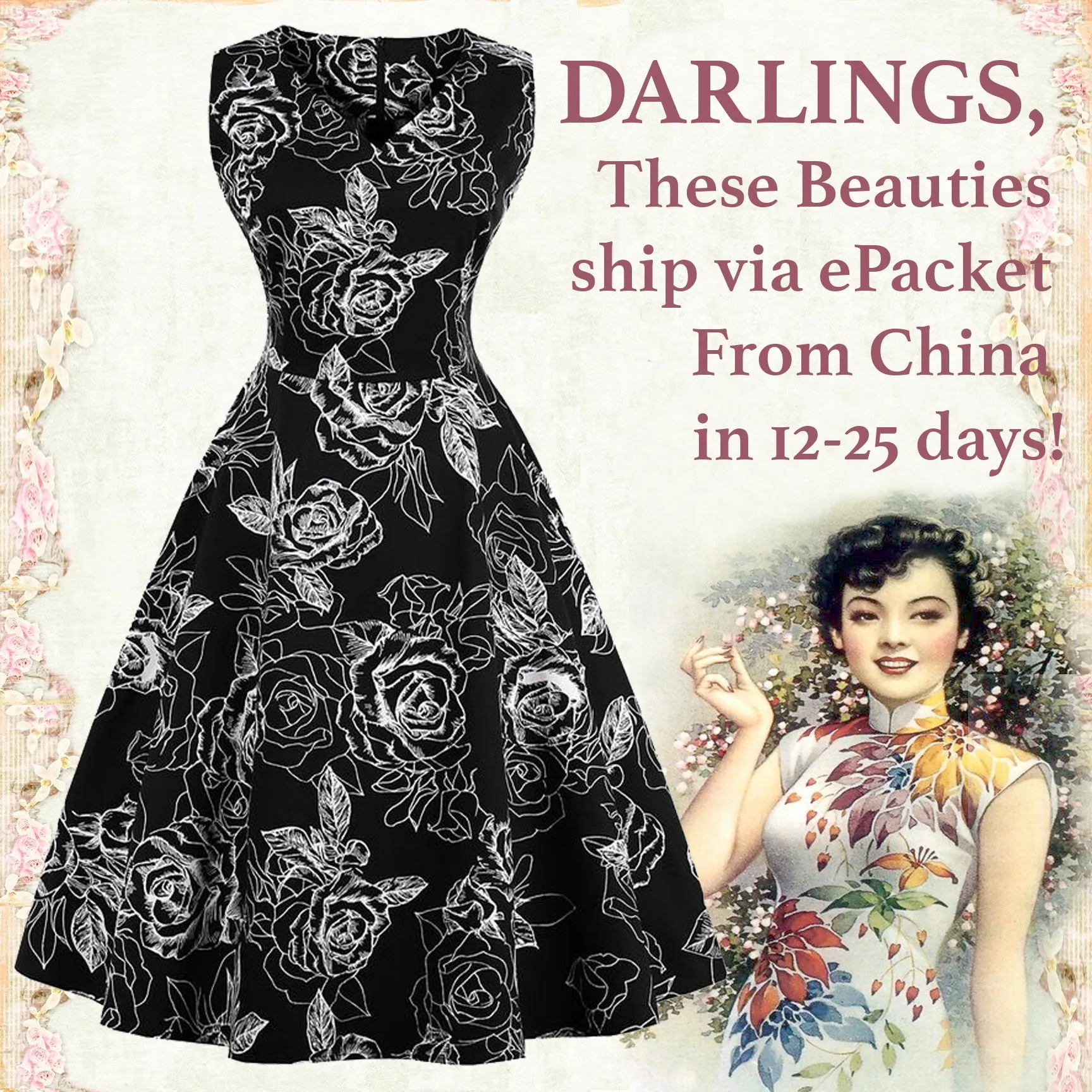 White Floral on Black Fit and Flare Swing Dress