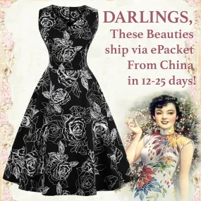 White Floral on Black Fit and Flare Swing Dress