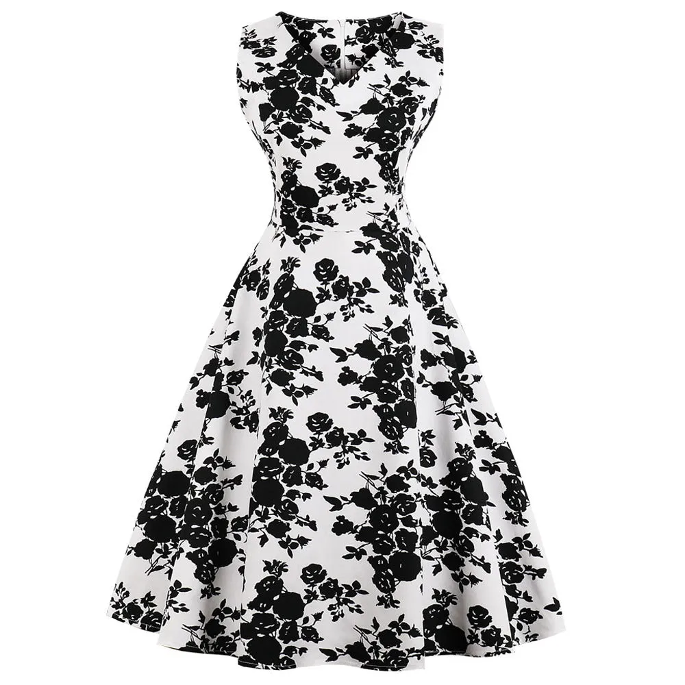 White on Black Floral Fit and Flare Swing Dress