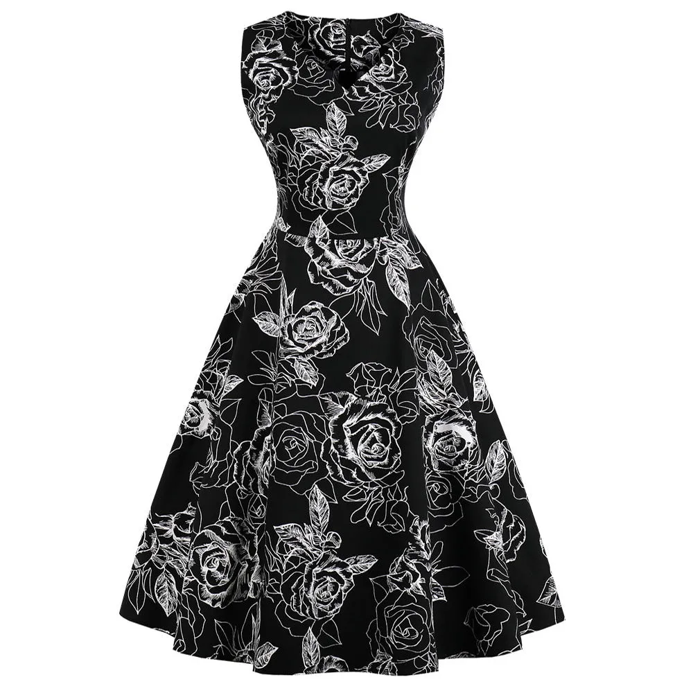 White on Black Floral Fit and Flare Swing Dress