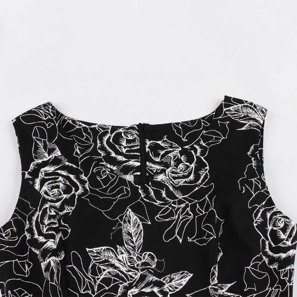 White on Black Floral Fit and Flare Swing Dress