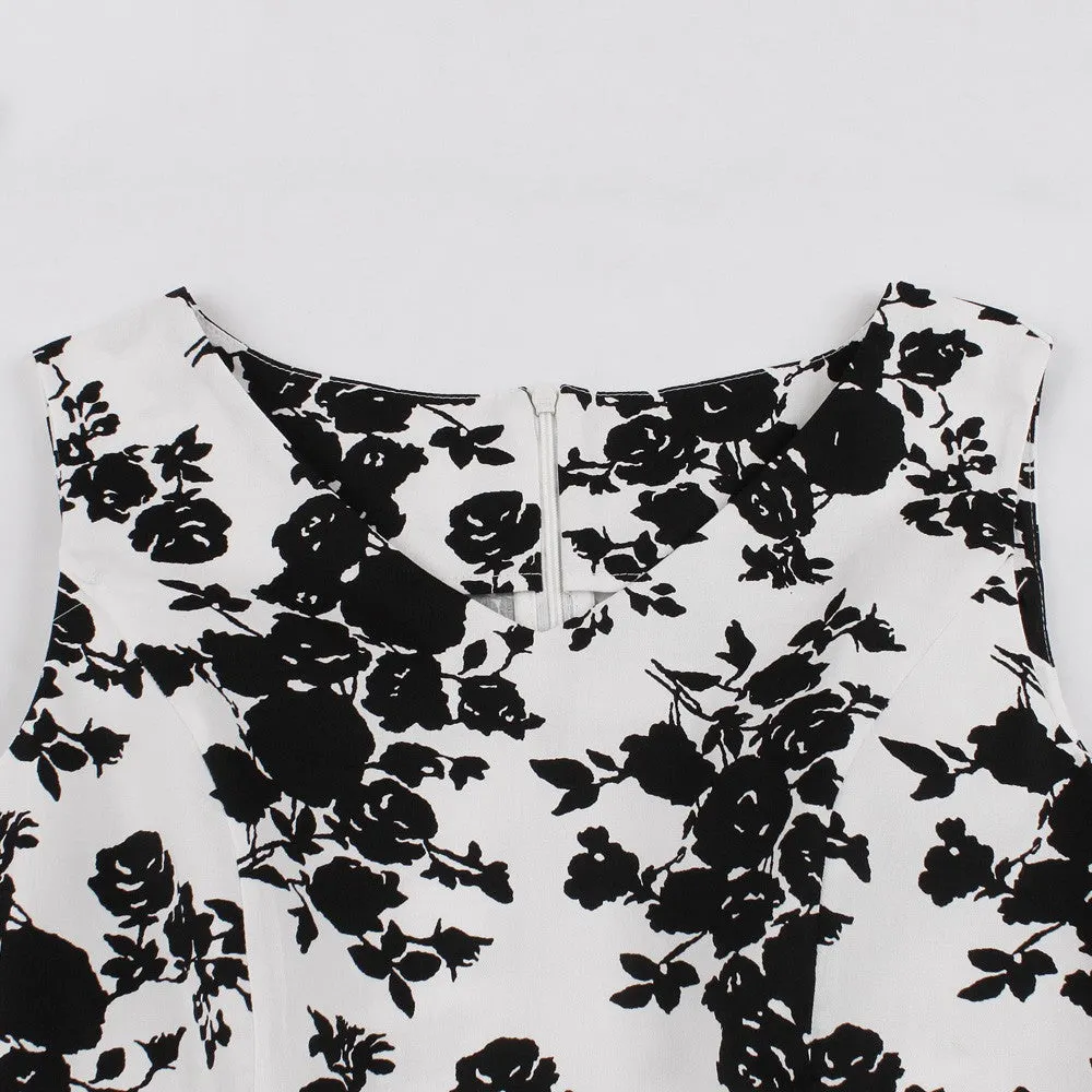 White on Black Floral Fit and Flare Swing Dress
