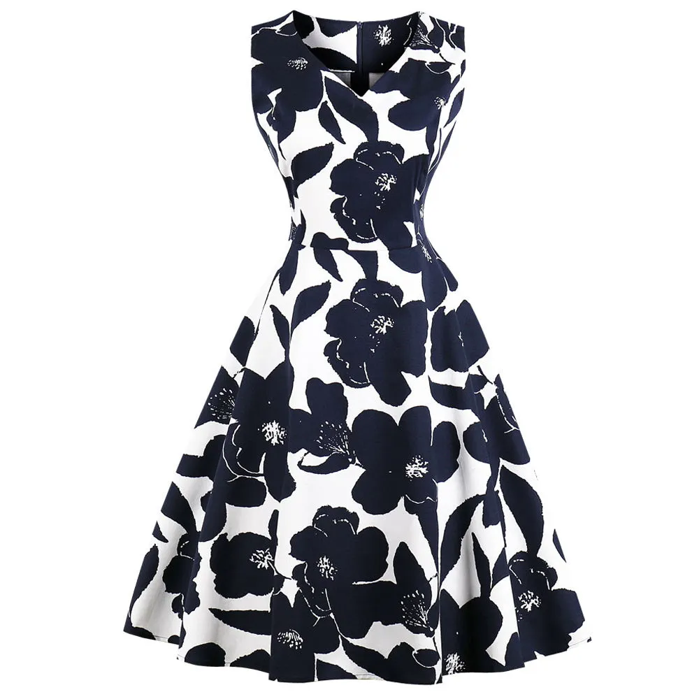 White on Black Floral Fit and Flare Swing Dress
