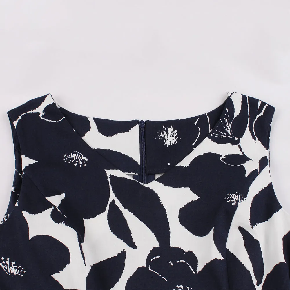 White on Black Floral Fit and Flare Swing Dress