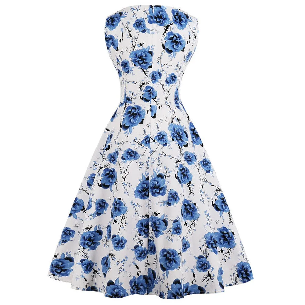 White on Black Floral Fit and Flare Swing Dress
