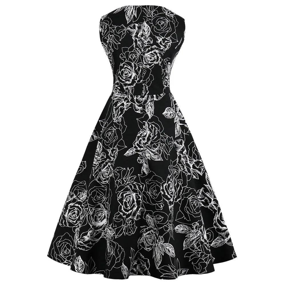 White on Black Floral Fit and Flare Swing Dress