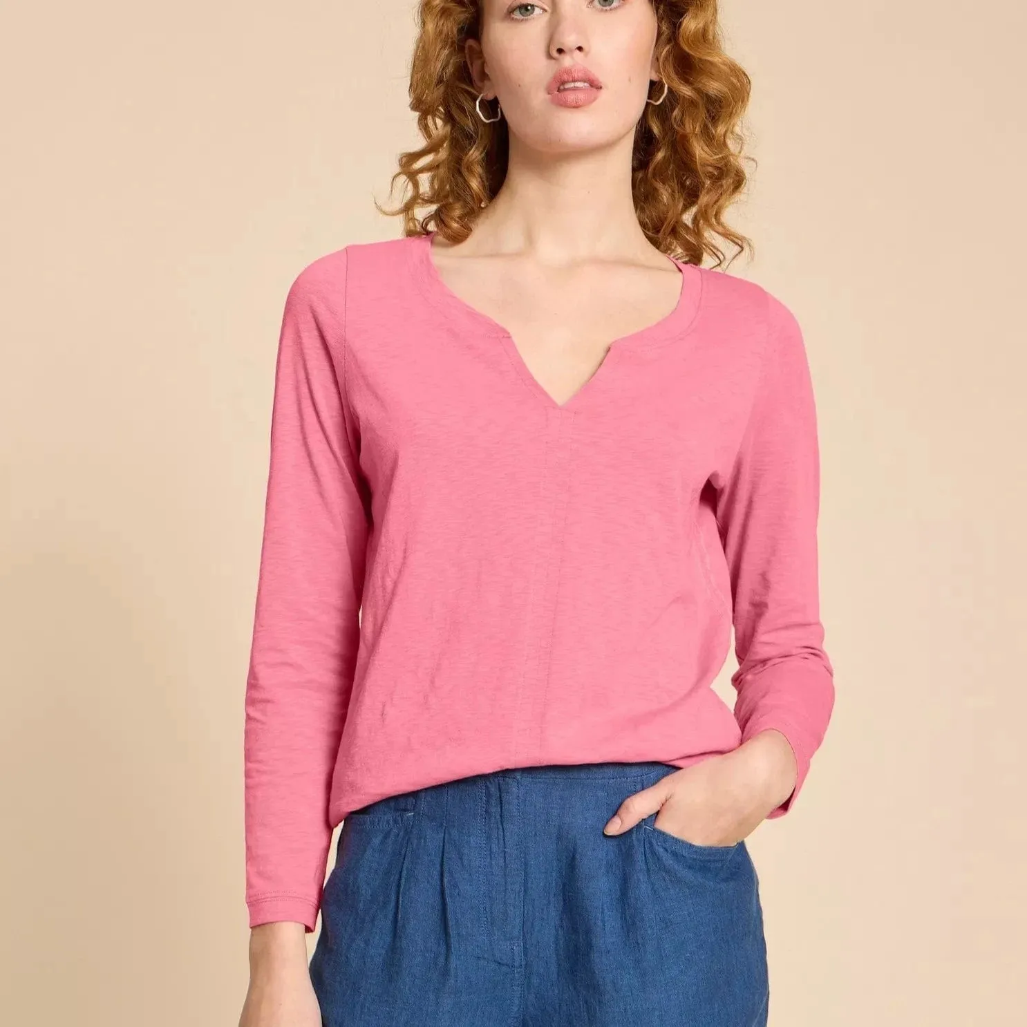 White Stuff Long Sleeve Printed Tee in Mid Pink