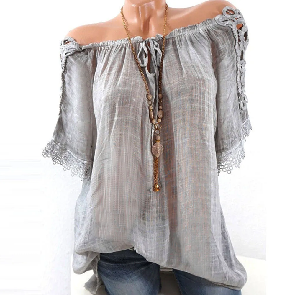 Women Short Sleeve Lacepatchwork T Shirts Off Shoulder