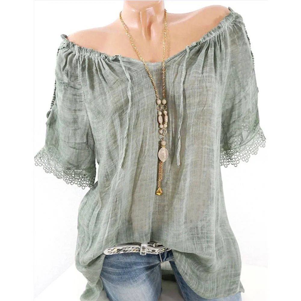 Women Short Sleeve Lacepatchwork T Shirts Off Shoulder