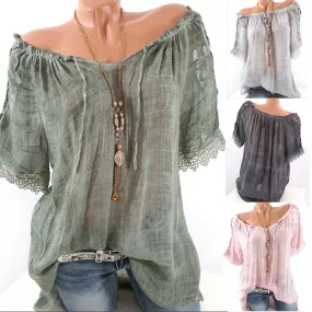 Women Short Sleeve Lacepatchwork T Shirts Off Shoulder